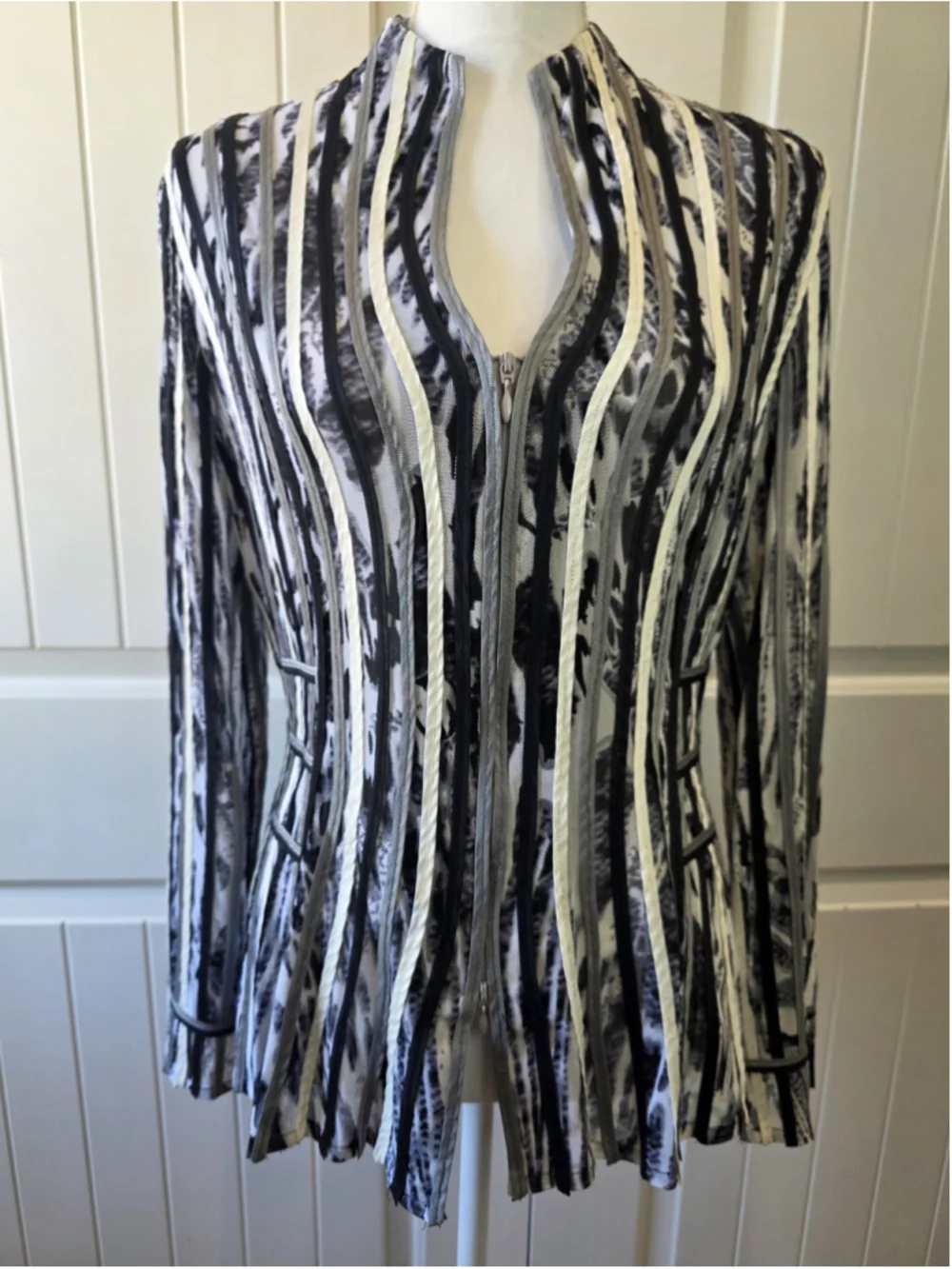 Obstinee by IKO Mesh Zip Front Animal Print Jacket Black Gray White Size 12